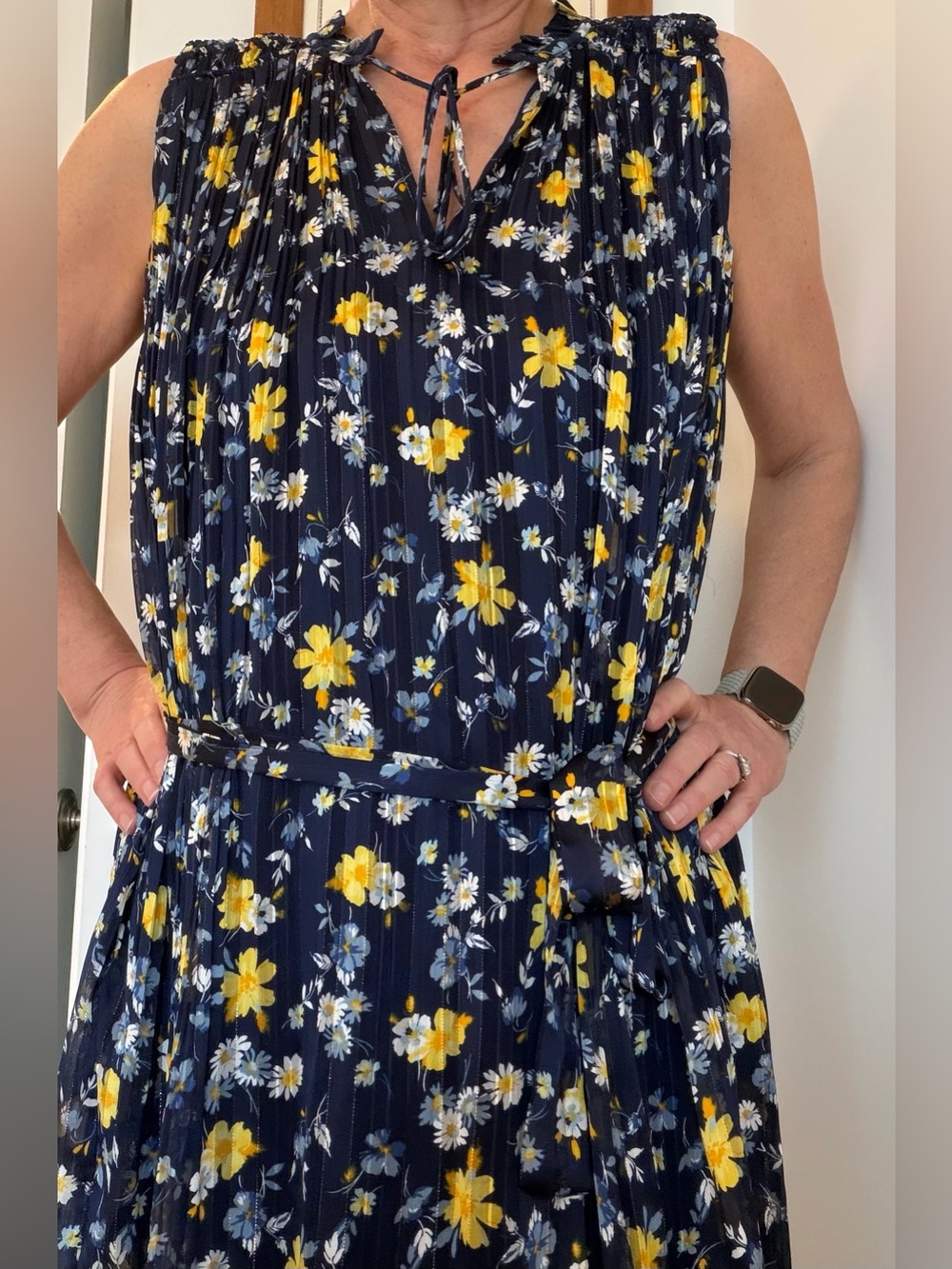 Current Air - Navy & Yellow Floral Sleeveless Belted Dress